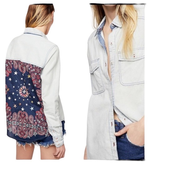 Free People Bandana Bandit denim shirt Size XS - Picture 1 of 10
